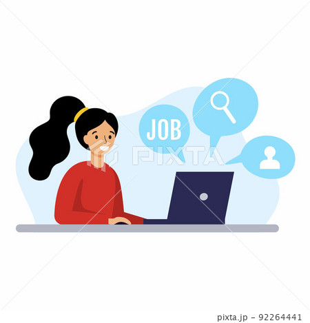 Happy girl is looking for job through Internet. Woman looks through vacancies on laptop. 92264441