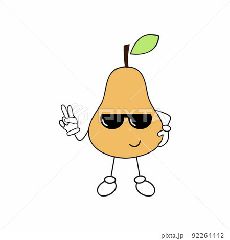 Pear in glasses shows the victory hand gesture. Vector cartoon illustration of a fruit smiley face. Funny pear with different emotions. 92264442