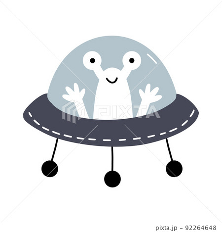 Funny alien in flying saucer. UFO. Vector doodle illustration for children. Design poster in nursery. 92264648