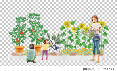 Handwritten watercolor style illustration of a person watering in a vegetable garden 92264753