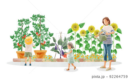 家庭菜園で水やりをする人の手書き水彩風イラスト 92264759