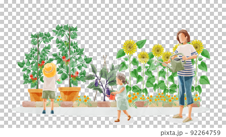 Handwritten watercolor style illustration of a person watering in a vegetable garden 92264759