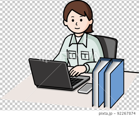 作業着でデスクワークをする女性 92267874