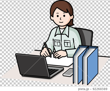 作業着でデスクワークをする女性 作業着でデスクワークをする女性 92268389
