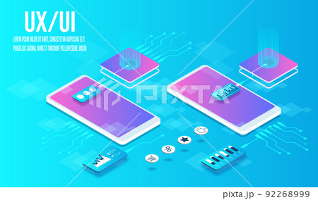 3D isometric UX or UI design concept. Mobile application with interface elements. Digital industry. Innovation and technologies.  Vector illustration eps10 92268999