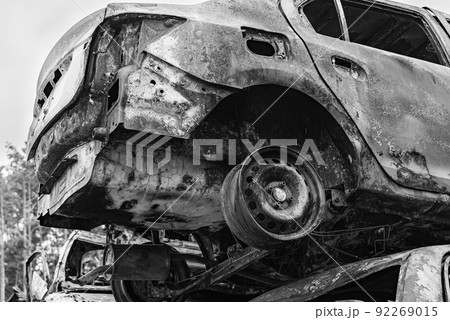 Dump of war-destroyed cars in Ukraine, black and white photo Dump of war-destroyed cars in Ukraine, black and white photo 92269015