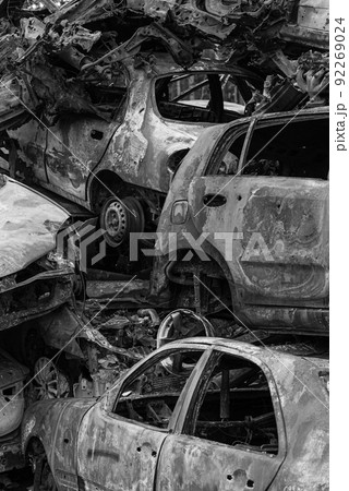 Dump of war-destroyed cars in Ukraine, black and white photo Dump of war-destroyed cars in Ukraine, black and white photo 92269024