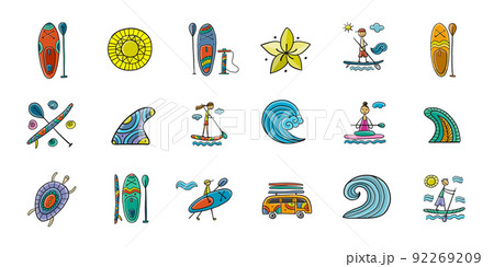 SUP boarding icons set. Stand up paddling elements for your design. People on paddle boards and equipment 92269209