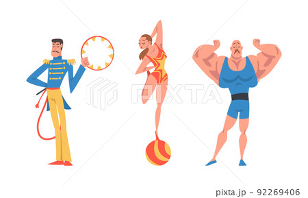 Circus performers set. Strongman, circus trainer with a whip and ring, gymnast girl balancing on ball cartoon vector illustration Circus performers set. Strongman, circus trainer with a whip and ring, gymnast girl balancing on ball cartoon vector illustration 92269406