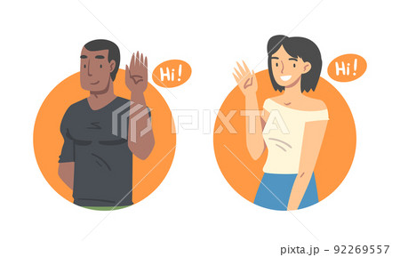 People saying Hi set. Cheerful young man and woman waving their hands cartoon vector illustration 92269557