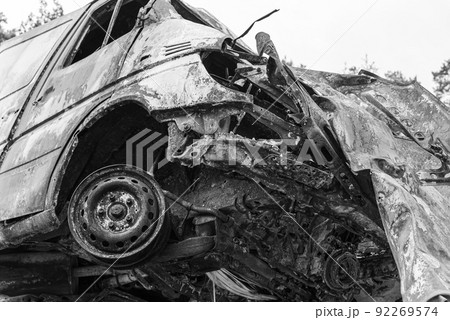 Dump of war-destroyed cars in Ukraine, black and white photo Dump of war-destroyed cars in Ukraine, black and white photo 92269574