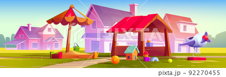 Kids playground at suburb with cottages, park 92270455