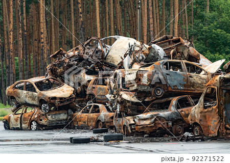 Consequences of the war in Ukraine - destroyed cars in Irpin, Bucha district. Consequences of the war in Ukraine - destroyed cars in Irpin, Bucha district. 92271522