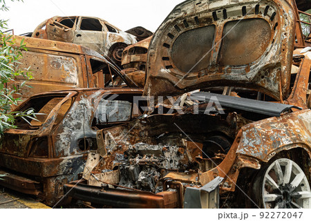 War in Ukraine: a dump of shot and burned cars in Irpin, Bucha district 92272047