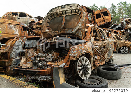 Consequences of the war in Ukraine - destroyed cars in Irpin, Bucha district. Consequences of the war in Ukraine - destroyed cars in Irpin, Bucha district. 92272059