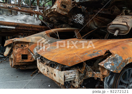 Consequences of the war in Ukraine - destroyed cars in Irpin, Bucha district. 92272121