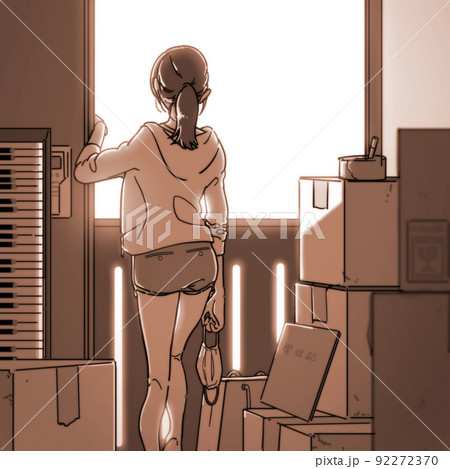 引っ越し前に部屋で黄昏る女性のイラスト 92272370