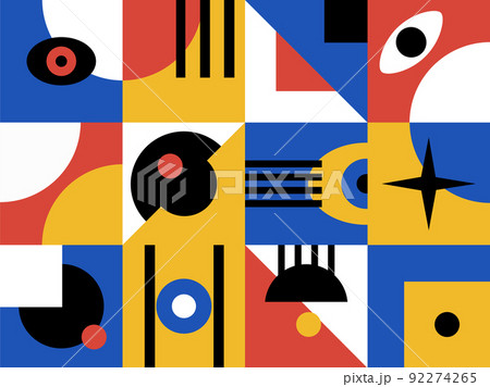 Bauhaus poster template with geometric colorful vivid eye pattern. Futuristic vector background. Abstract universal brochure in swiss retro minimal style.  92274265
