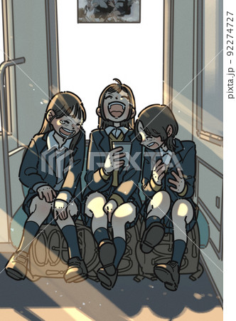 下校中の電車内で笑う青春の1ページのイラストのイラスト素材