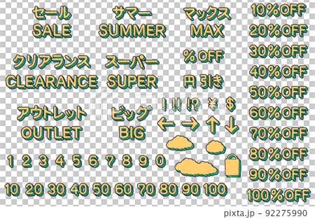 少しもこもこした手描き文字のセールの日本語と英語の文字素材セット 92275990