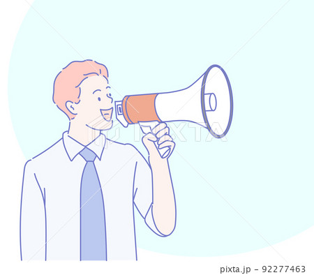 Young business man with megaphone. Concept of big sale, discount, fresh news or new collection for ads or web banners. Hand drawn in thin line style, vector illustrations. Young business man with megaphone. Concept of big sale, discount, fresh news or new collection for ads or web banners. Hand drawn in thin line style, vector illustrations. 92277463