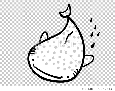 かわいいジンベイザメと小魚のモノクロイラスト／手描きイラスト素材 92277753