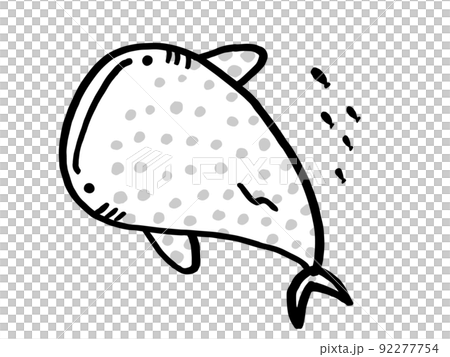 Monochrome illustration / hand-drawn illustration material of cute whale shark and small fish 92277754