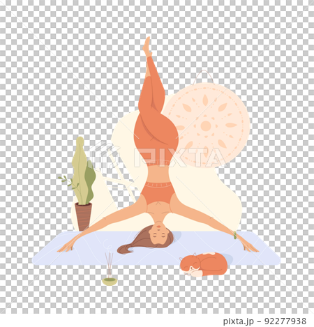 A woman practices yoga headstand balance at home next to a sleeping cat. Vector cartoon illustration of girl and mandala, trendy flat style. 92277938