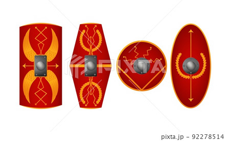 Roman antique shields set. Red hand geometric plates for protection 92278514