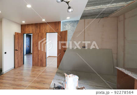 Comparison of old room with building tools and new renovated room. Photo collage of apartment before and after restoration. Concept of home renovation. 92278564