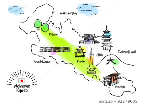 手描きの京都の観光地のシンプル線画イラストマップのイラスト素材