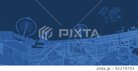 Dark blue Dubai City area vector background map, streets and water cartography illustration. Dark blue Dubai City area vector background map, streets and water cartography illustration. 92279703