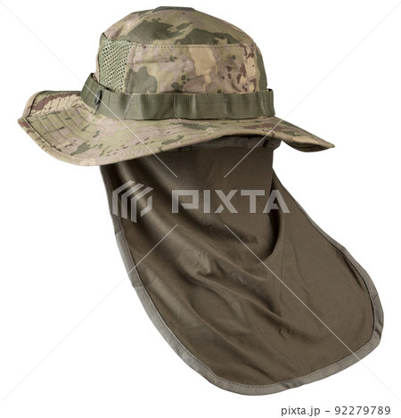 army uniform round cap with fields, camouflage, with a cape to protect the neck, on a white, background army uniform round cap with fields, camouflage, with a cape to protect the neck, on a white, background 92279789