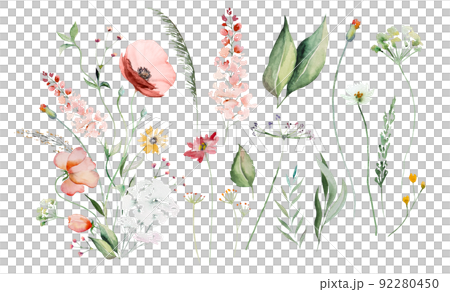 Bouquet made of watercolor wildflowers and leaves, wedding and greeting illustration elements 92280450