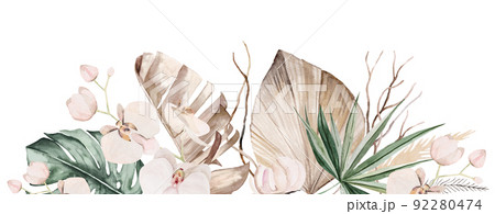 Wedding boho Watercolor border with beige and teal green tropical leaves and orchid flowers illustration Wedding boho Watercolor border with beige and teal green tropical leaves and orchid flowers illustration 92280474