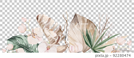Wedding boho Watercolor border with beige and teal green tropical leaves and orchid flowers illustration 92280474