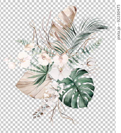 Wedding boho Watercolor bouquet with beige and teal green tropical leaves and orchid flowers illustration 92280475