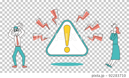 Male and female office workers surprised by alert and alert icons 92283710