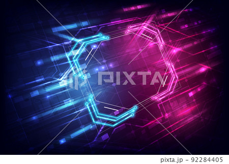 Abstract perspective hardware and software background. Circuit board, Chip processor, Mainboard and code programmer. Hi-tech computer engineer. Pixels screen and database coding. Neon lighting effect 92284405