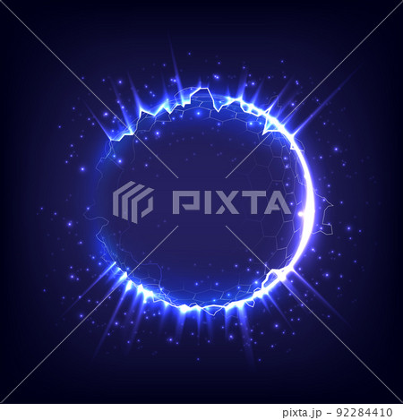 Fireworks model. Glowing circle. Sunshine, lightning, ray and sparking ring. Neon light tunnel. Bright border. Magic portal. Luminous electron and glint swirling. Cosmic energy. Hexagon barrier sphere 92284410