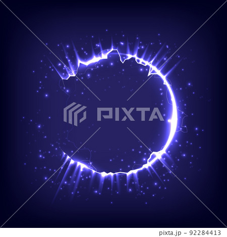 Fireworks model. Glowing circle. Sunshine, lightning, ray and sparking ring. Neon light tunnel. Bright border. Magic portal. Luminous electron and glint swirling. Cosmic energy 92284413