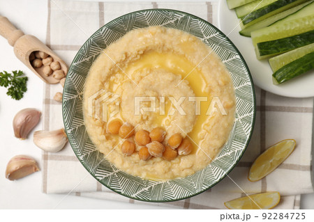 Concept of tasty food with hummus, top view 92284725