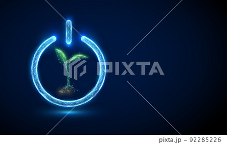 Abstract green young plant in blue power button. Abstract green young plant in blue power button. 92285226