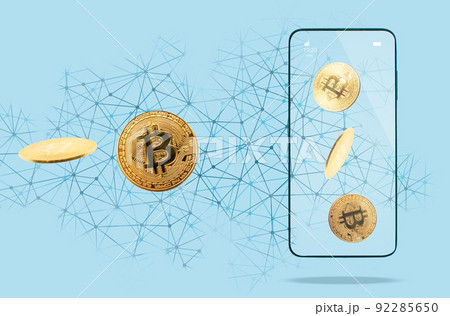 E-commerce and apps. Golden bitcoins sending to smartphone. Light blue background with digital mesh. Concept of cryptocurrency and virtual trade E-commerce and apps. Golden bitcoins sending to smartphone. Light blue background with digital mesh. Concept of cryptocurrency and virtual trade 92285650