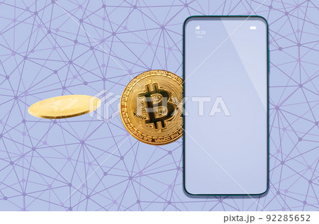 Online banking. Golden bitcoins sending to smartphone. Mock up. Lilac background with digital mesh. Concept of cryptocurrency and virtual trade Online banking. Golden bitcoins sending to smartphone. Mock up. Lilac background with digital mesh. Concept of cryptocurrency and virtual trade 92285652