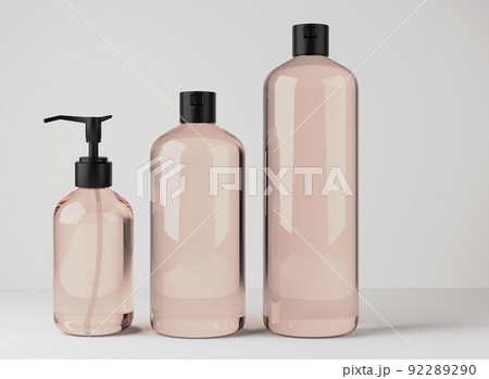 Different color glass bottles for hair and body care products 3D render, set of cosmetic containers on gray studio background, packaging mockup 92289290