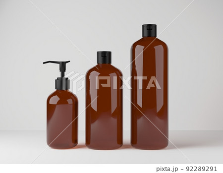 Different brown glass bottles for hair and body care products 3D render, set of cosmetic containers on gray studio background, packaging mockup 92289291