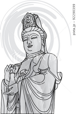 Abstract line of Chinese gods Kuan Yin with color paint background. Abstract line of Chinese gods Kuan Yin with color paint background. 92290399