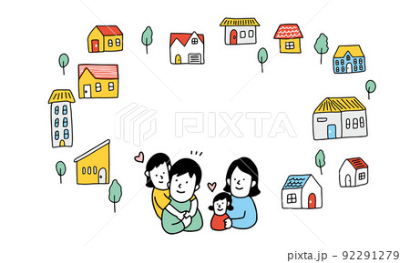 地域・街と家族のフレーム　住宅・引越しを検討する四人家族のイラスト 92291279