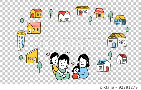 地域・街と家族のフレーム　住宅・引越しを検討する四人家族のイラスト 92291279